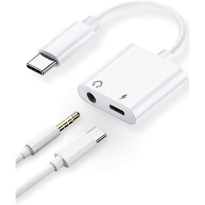 Преходник от USB Type C към USB Type C и жак 3,5 mm, JENUOS, Съвместим с едновременно зареждане и слушане на музика, конвертор за свързване на слушалки с жак към USB тип C порт, Бял