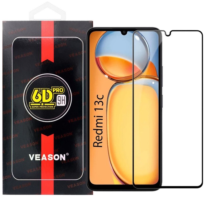 Xiaomi Redmi 13C / Poco C65 kompatibilis üvegfólia, előlapi, edzett, hajlított, fekete kerettel, Veason 6D Pro