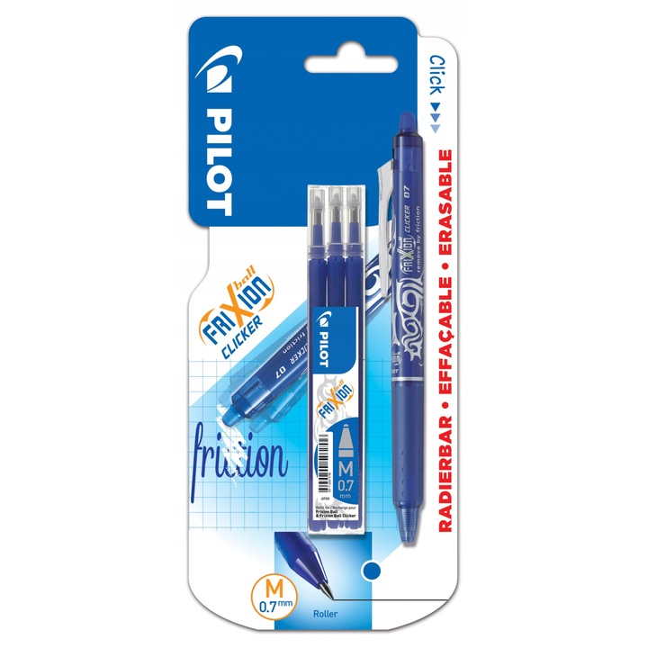 Pixuri cu gel stergibile, Set Pilot Frixion Clicker, albastru, 0.35mm, 3 rezerve