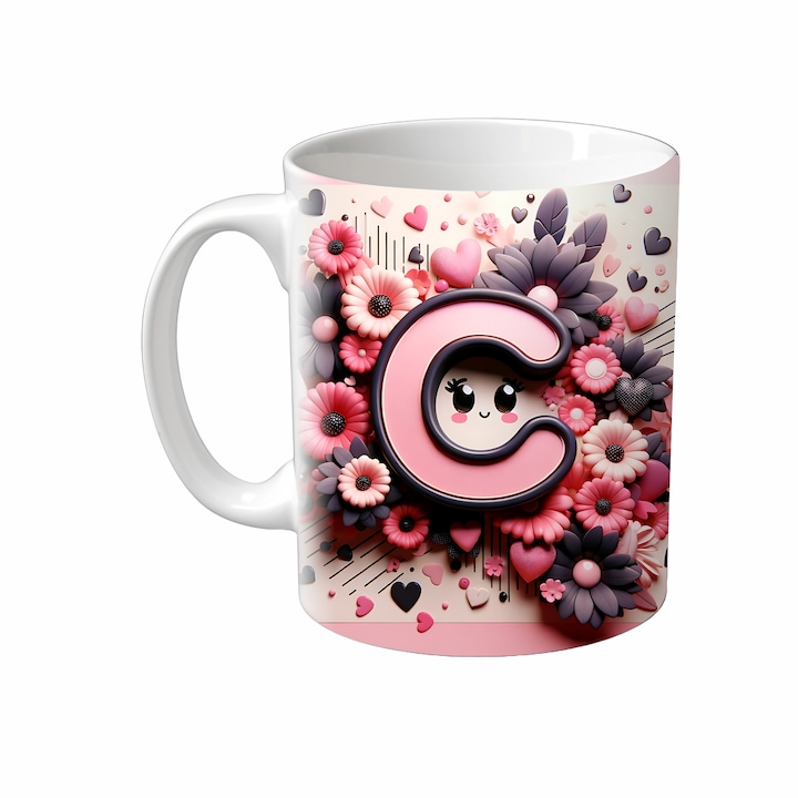 Cana Alfabet, Inedit Print, CP92VC, Ceramica, Alb, 330 ml