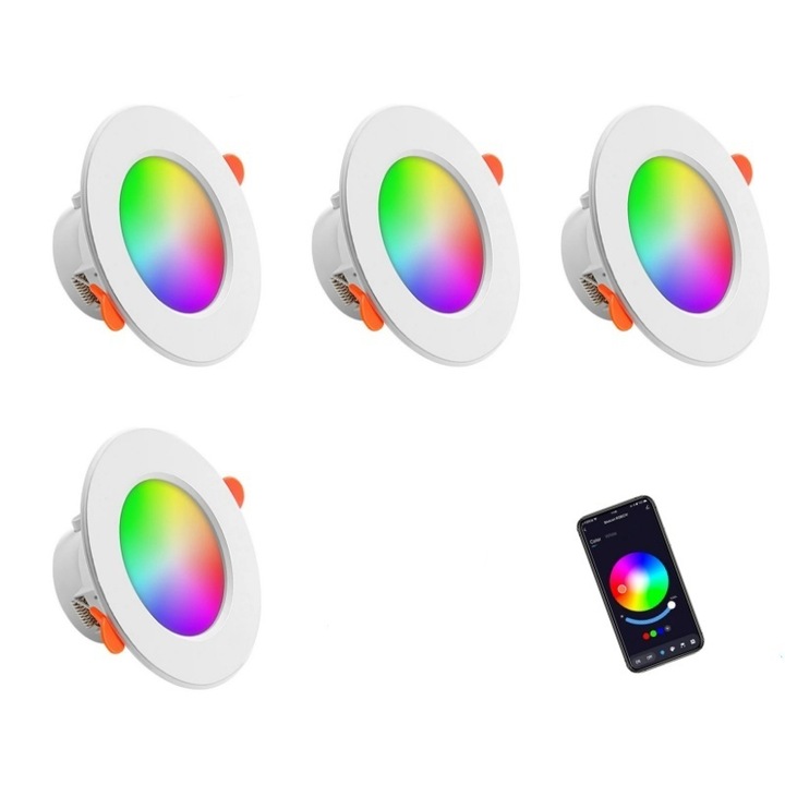 Set 4 Spoturi LED Inteligente RGB+CCT 15W cu Control WiFi 2.4 GHz, Aplicatie si Vocal – Lumina Calda si Rece, Incarcate 113mm, Alb