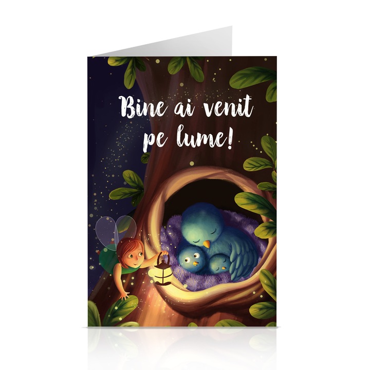 Felicitare - Bine ai venit pe lume! - Bufnite, Multicolor, Cu mesaj, Hartie, 105 x 148 mm