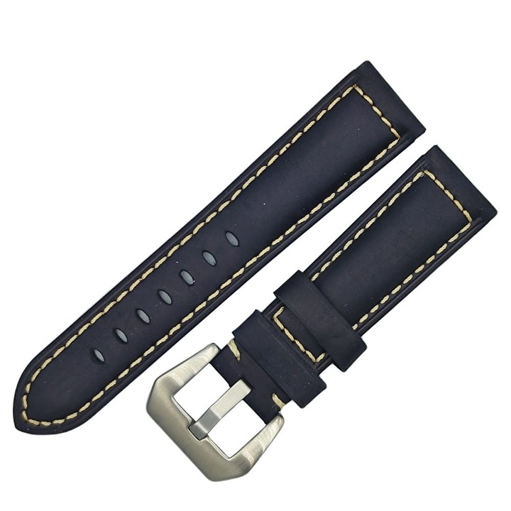 Curea ceas piele naturala, cusatura pe margine, negru, 24mm