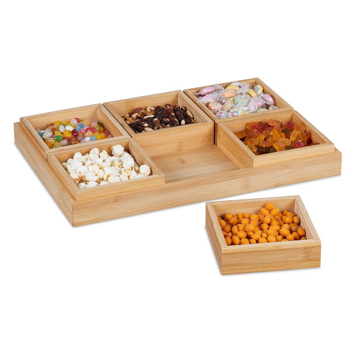 Tava de servire cu 6 boluri, din bambus, natur, 5,5 x 47 x 32,5 cm