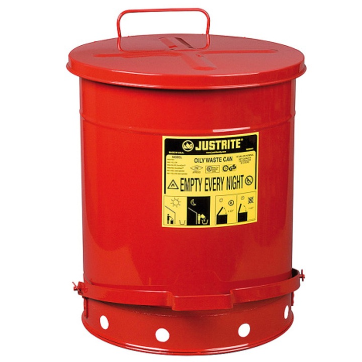 Cos pentru deseuri inflamabile, Justrite, 53L, Rosu