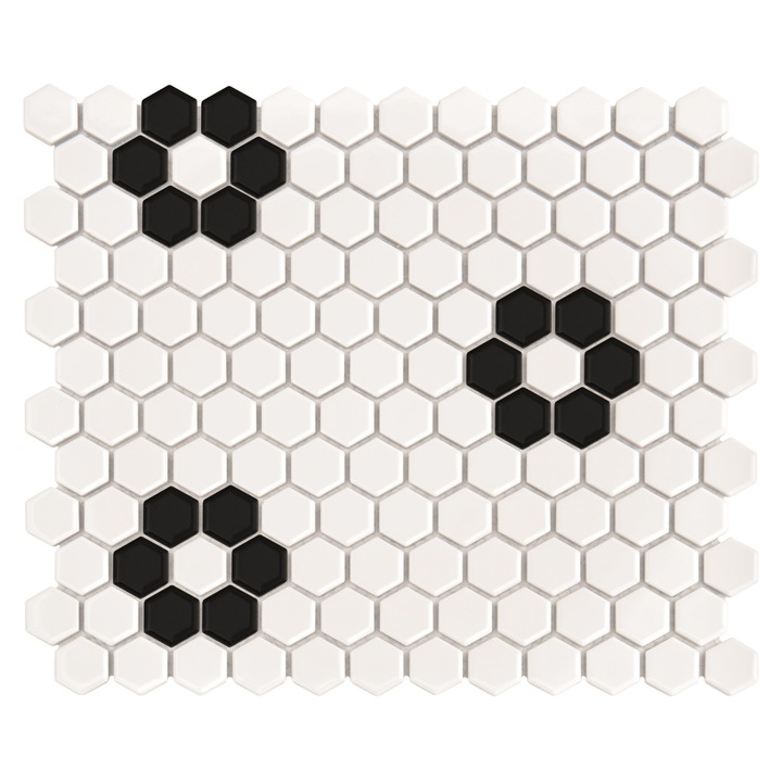 Gresie mozaic, DUNIN, MINI HEXAGON B&W FLOWER PREMIUM MATT, Alb, 26x30
