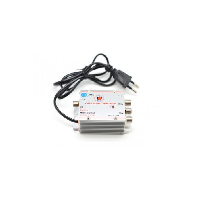 Erősítő TV jelhez, 220V, 1W, 20dB sáv, 3 Cay, beállításhoz potenciométer, be/ki gomb, F dugós csatlakozó menettel, Ezüst
