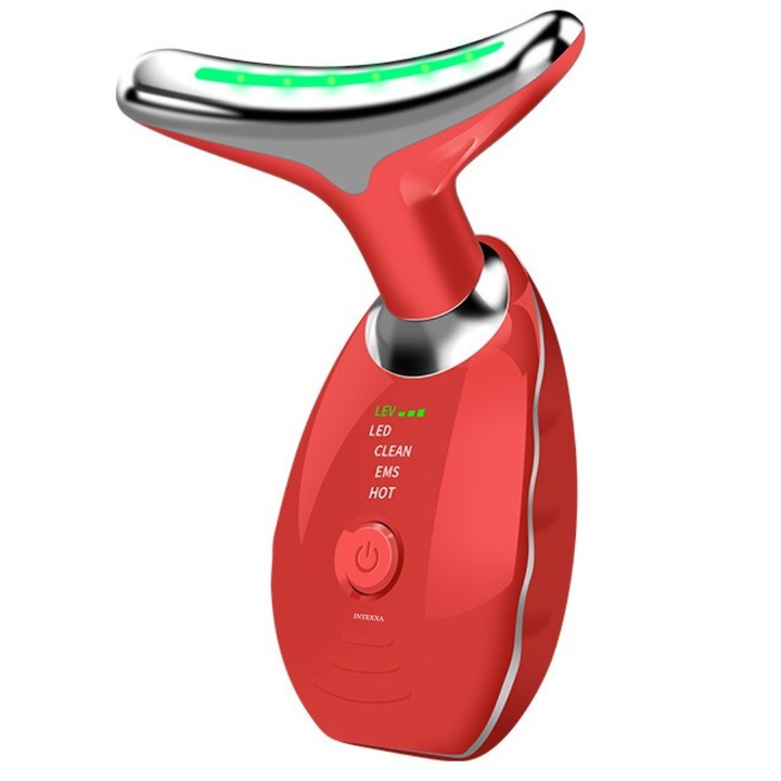 INTEXXA® 3 az 1-ben arcápoló készülék, ránctalanító nyak, arc, dekoltázs ápolás, lifting és mikrokeringés stimulálása, bőr hidratálása és regenerálása, ránctalanítás, EMS stimuláció, melegítés, masszázs, vibrációs funkció, 3 színmód