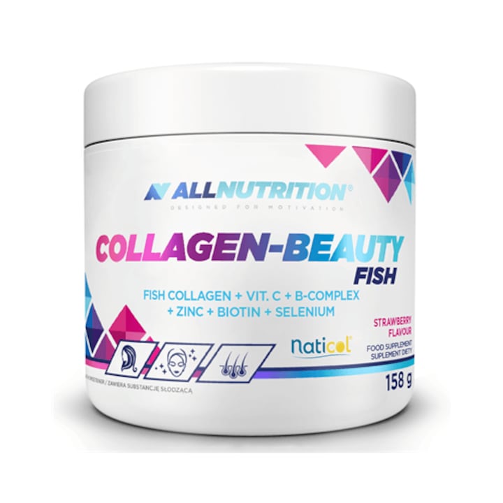 Colagen din peste, ALLNUTRITION Collagen-Beauty Fish, 158g, biotina, zinc, seleniu, tiaminei, vitamina C si B6, supliment alimentar, pudra, aroma capsuni