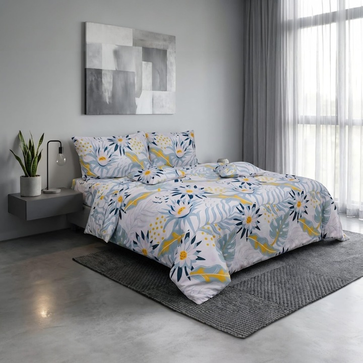 Lenjerie de pat cu model tropical, Casa Bumbac Textil by Edural, flori regale, 2 persoane, 6 piese, multicolor, dimensiuni cearsaf 240/260, 100% bumbac ranforce