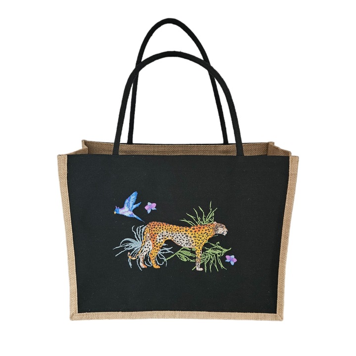 Sacosa de cumparaturi, Casa Bumbac Textil by Edural, broderie tigru, dimensiuni 41 x 33 x 18, bumbac doc 100%