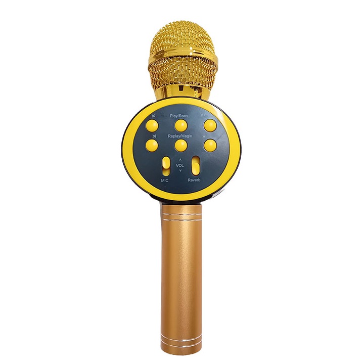 Vezeték nélküli mikrofon karaokehoz, NEXTLY, beépített Bluetooth hangszóró, hangváltó effektusok, zenelejátszás, USB, SD kártya, 3,5 mm-es jack, micro-USB töltés, v11, fém fogantyú, arany
