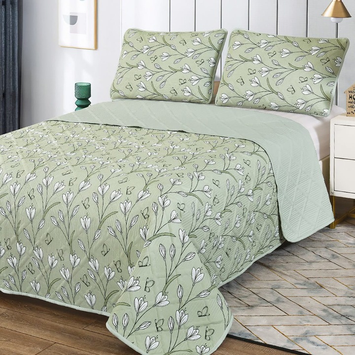 Капитонирана покривка за легло 230x250 см с 2 калъфки за възглавници 50x70 см, Зелени цветя