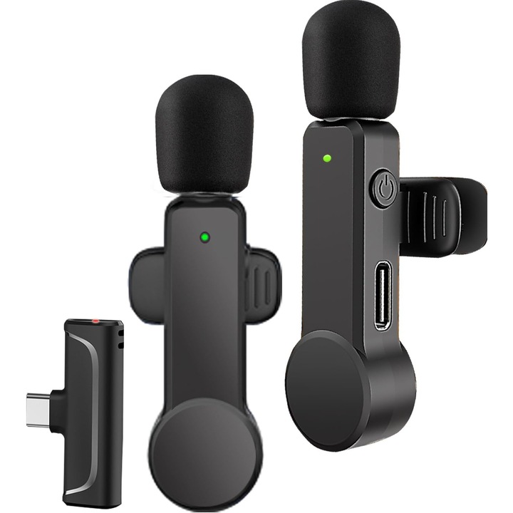 Set 2 microfoane fara fir wireless lavaliera, conector type C, inregistrare live, sunet clar fara distorsiuni, negru, OFINIO