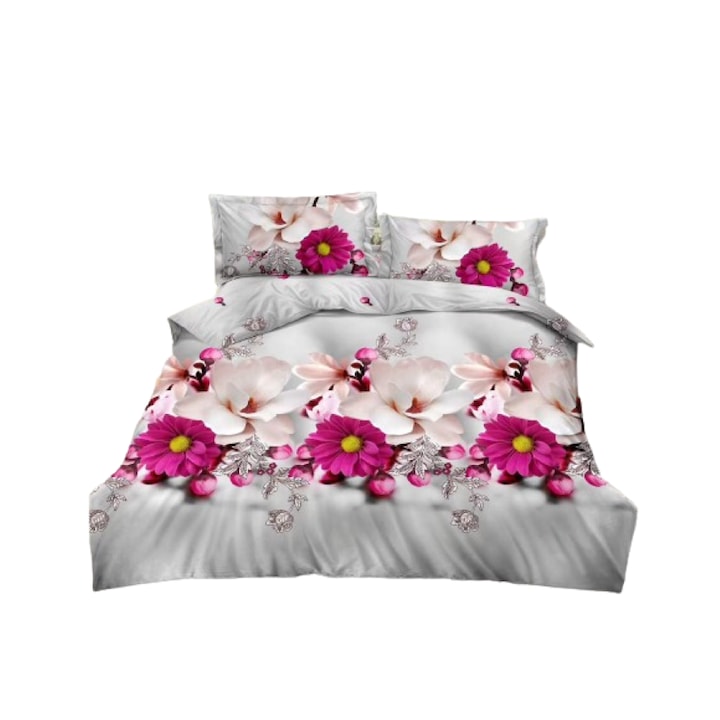 Двойно спално бельо, 3D пастелни цветя, 4 части, 2 лица, 220x240 см, Сатениран памук, Многоцветен