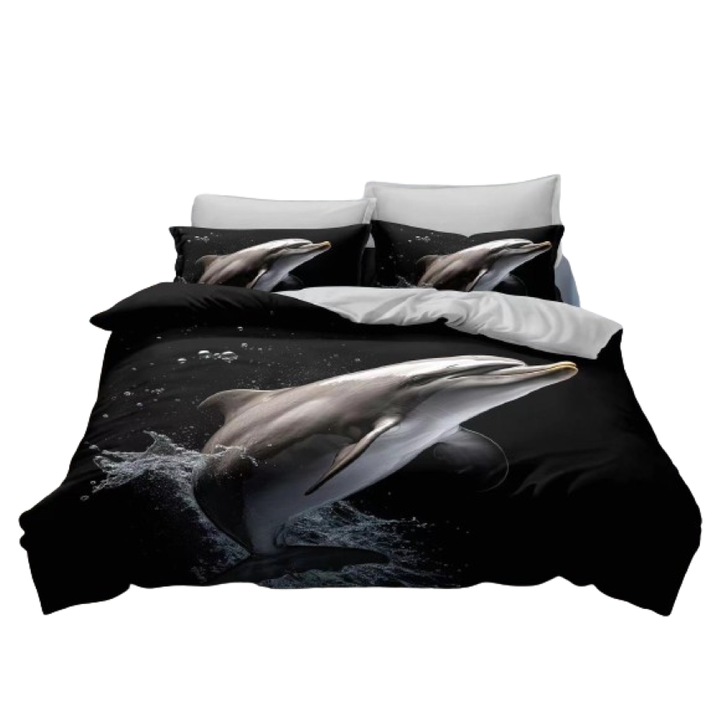 Двойно спално бельо, Dolphin 3D, 4 части, 2 лица, 220x240см, Сатениран памук, черен