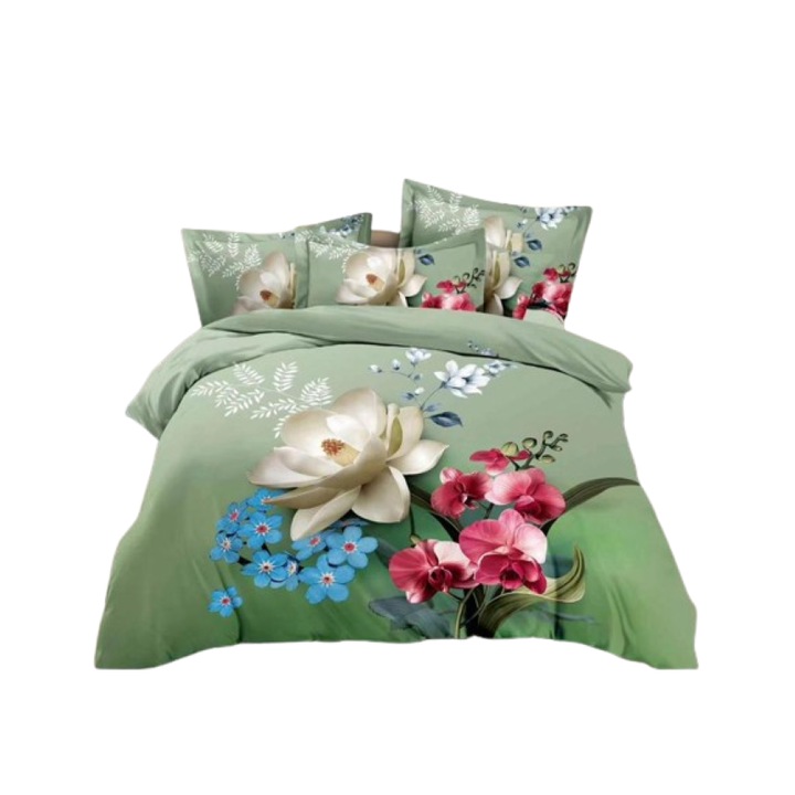 Двойно спално бельо, 3D Полски цветя, 4 части, 2 лица, 220x240см, Сатениран памук