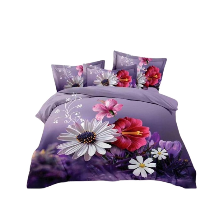 Двойно спално бельо, 3D цветя, 4 части, 2 лица, 220x240 см, сатениран памук, лилаво-многоцветен