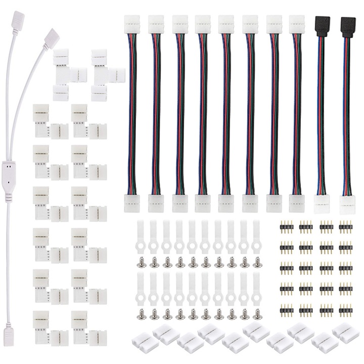Kit conectori banda led 4 pin, Axroad Mall, Cu conectori in forma de T/L, cablu splitter, Usor de instalat, Plug and play, Pentru banda led 5050 si proiect de iluminat DIY, Metal/PVC, Multicolor