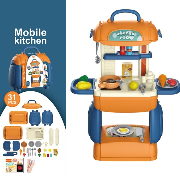 Set de bucatarie multifunctional 3 in 1 DacEnergy©, realizat din plastic ABS, portabil, joc de rol, joc imaginativ, stimulare senzoriala, 31 de accesorii, multicolor