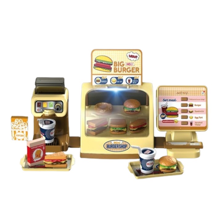 Set joc de rol DacEnergy©, casa de marcat, aparat cafea, hamburger fastfood, cu sunet, joc imaginativ si de dezvoltare a abilitatilor, 30 x 15 x 20 cm, 25 de bucati