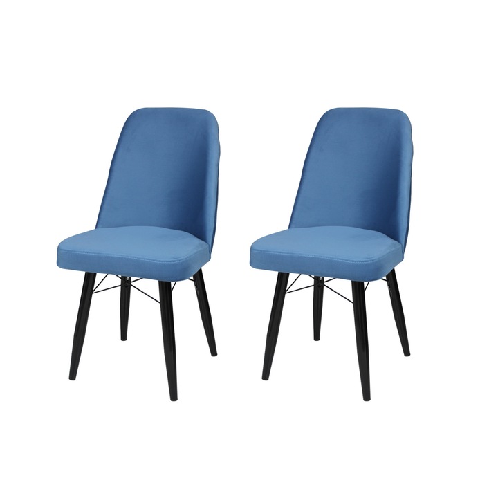 Set 2 scaune Ludovic, cadru din metal, tapiterie din material textil, picioare negre, albastru deschis, 90x48 cm