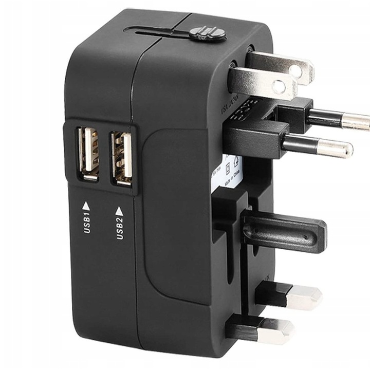 Универсален адаптер за зарядно за пътуване, Zola®, пластмаса, 2 USB порта, универсален, 4.8x7.6x3.8 cm, черен