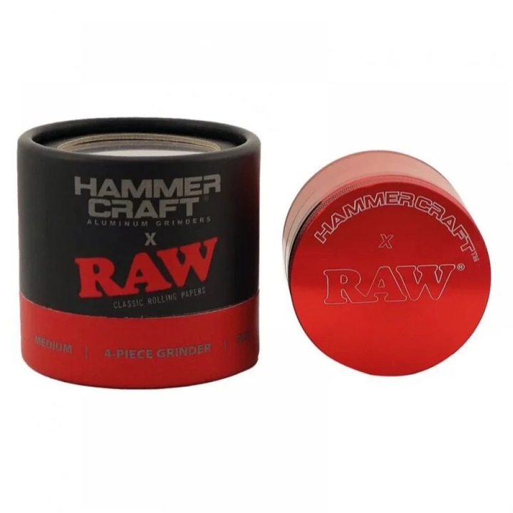Grinder tutun, aluminiu anodizat, HammerCraft x Raw mediu, diametru 55mm, rosu
