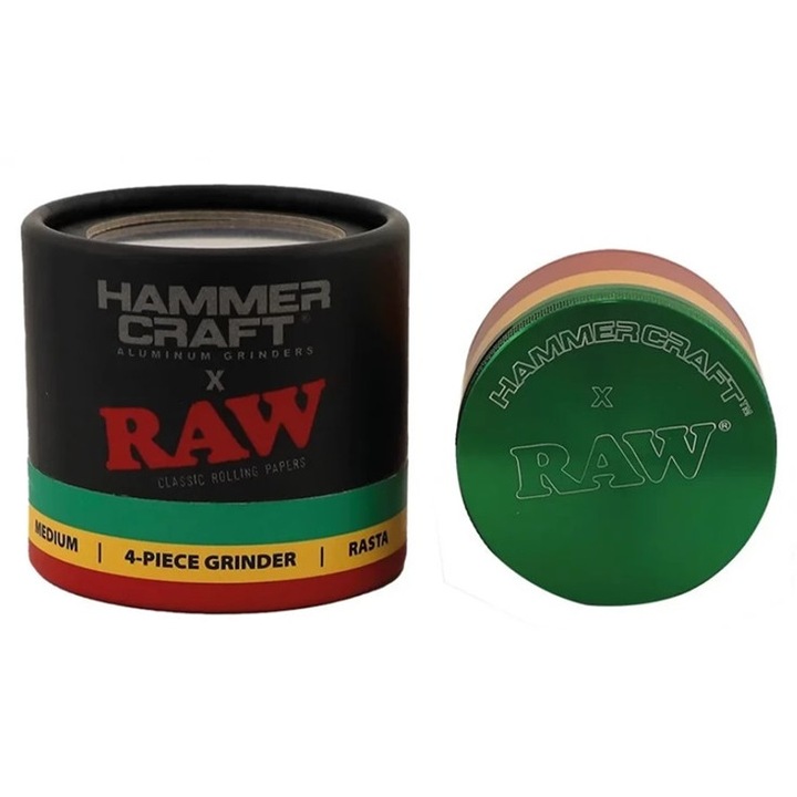 Grinder tutun HammerCraft x Raw, Rasta, magnetic, aluminiu aerospatial, marime mediu 4 Parti Ø55mm