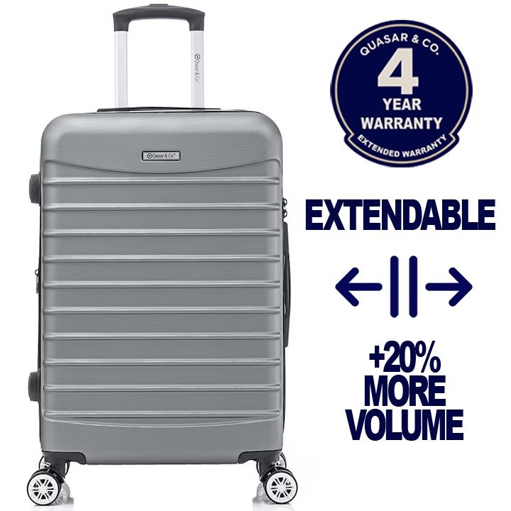Nagy méretű bővíthető bőrönd 77x49x31-36 cm, LINE modell Quasar & Co.®, ABS 2.8 mm, lopásgátló cipzár, számzár, teleszkópos fogantyú, 4 dupla csendes kerék 360°-os forgással, 2 rekesz belső zsebbel, feladott poggyász utazáshoz, Ezüstszín