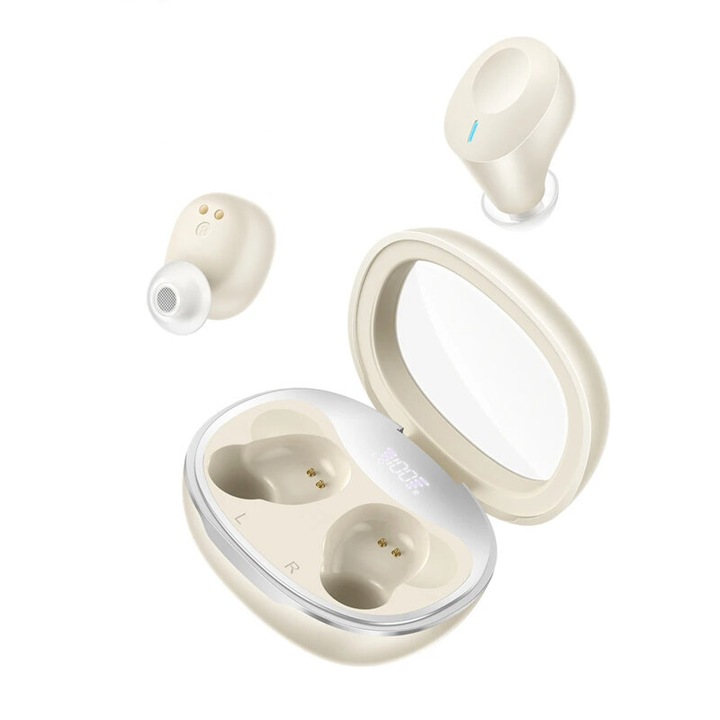 Безжични слушалки за поставяне в ушите, EQ3, Bluetooth 5.3, LED, цифров дисплей, 7 часа автономност на слушалките, калъф 300mAh, Млечно бял