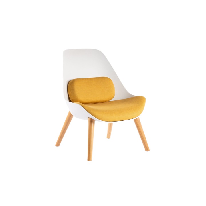 Fotoliu fara brate, HDS, STW136, Structura polimer culoare alba, picioare lemn masiv culoare natural, sezut textil culoare galbena, 72.5x72.8x90.2cm