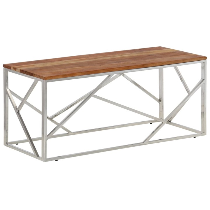 Кафе маса vidaXL, Сребриста, 110x45x45 cм, Неръждаема стомана и масив акациево дърво, 11.14 Kg