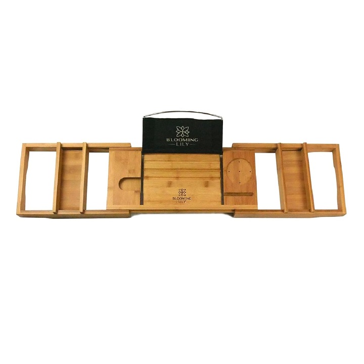 Suport din lemn pentru cana, loc pentru pahar inclus, telefon, si produse de ingrijire, BLOOMING LILY, lungime 70-105 cm