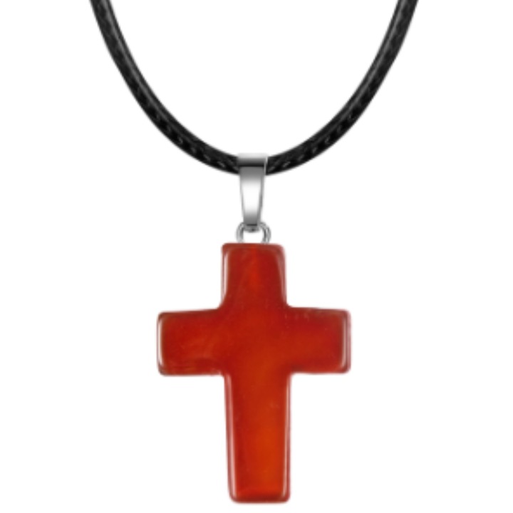 Pandantiv cruce Carneol natural, 25x20 mm, snur negru ajustabil 60 cm, energie, curaj, pasiune, saculet catifea inclus