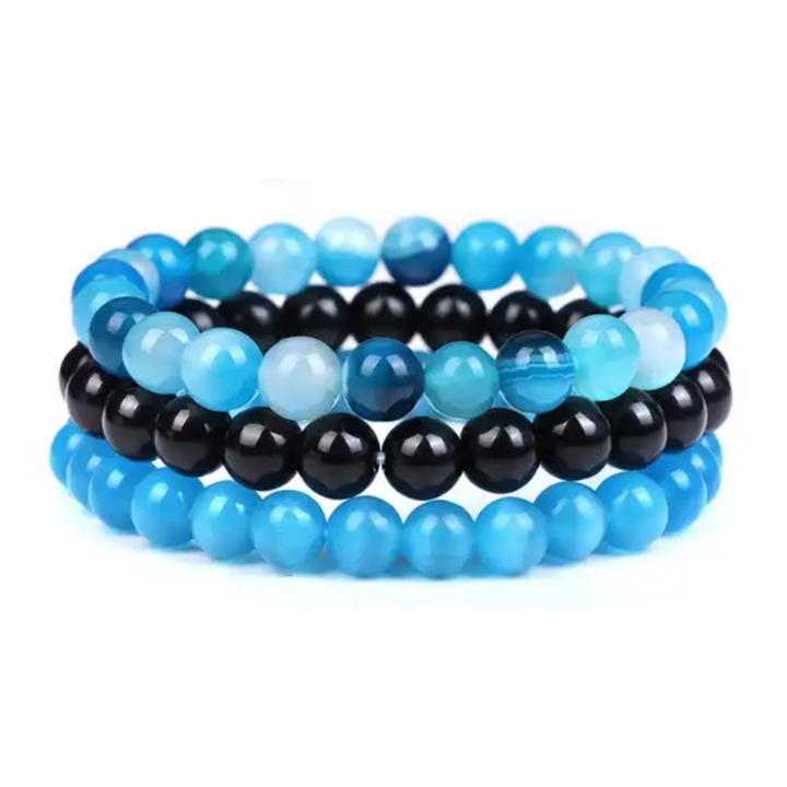 Set 3 bratari femei pietre naturale semipretioase, Agat Albastru, Onyx, Ochi de Pisica, intuitie, protectie, claritate mentala