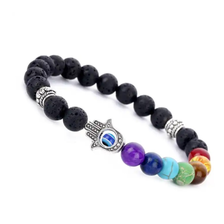Bratara aromaterapie 7 chakre si perle de lava vulcanica absorbanta, hamsa, Mana Fecioarei