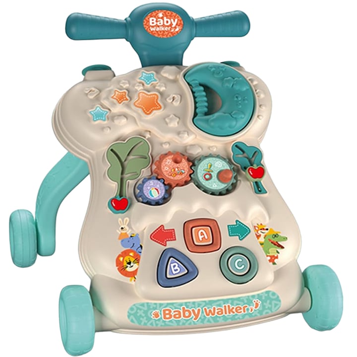 Premergator Antepremergator 2in1 Baby Walker AKU, Multifunctional cu Sunete si Lumini, pentru Bebelusi si Copii, Buz, Turcoaz AK6358