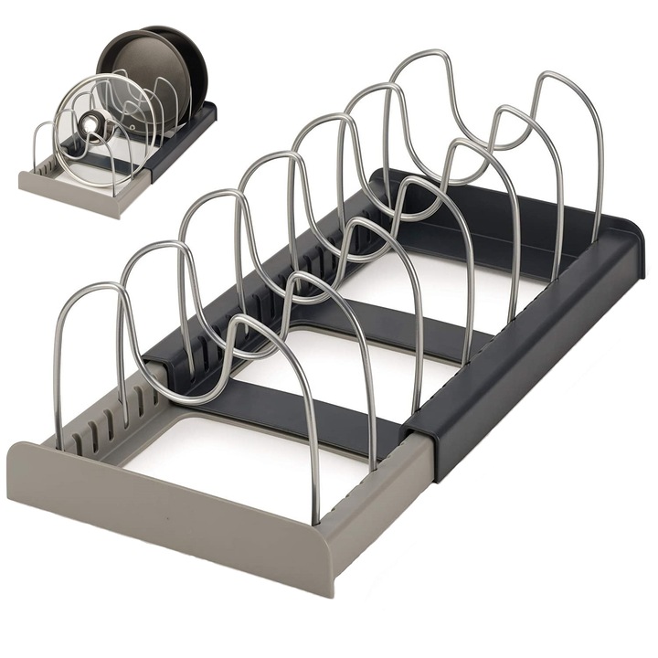 Suport pentru capace, tigai, farfurii, tocatoare bucatarie, BOMSTOM, 7 separatoare, Telescopic reglabil, Antiderapant, Pastreaza bucataria ordonata, Negru/Gri