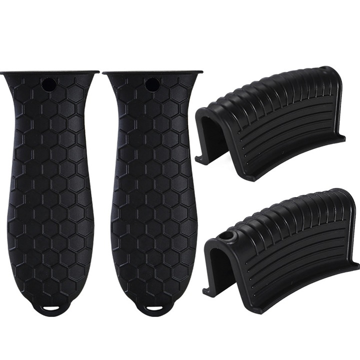Set 4 protectii pentru manere oala, Axroad Mall, Previne arsurile mainilor, Rezistent la caldura, Anti-alunecare, Usor de curatat, Pentru tigai, tavilor de copt, Silicon, 14.3x5x1.5cm, Negru