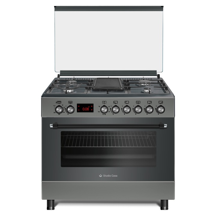 Tűzhely 90 cm Nando Graphite Grey Studio Casa, 5 főzőzóna, Gáz, Wok, Rotisserie, Digitális időzítő, Elektromos grill, Öntöttvas grill, Elektromos gyújtás, A energiaosztály, Szürke