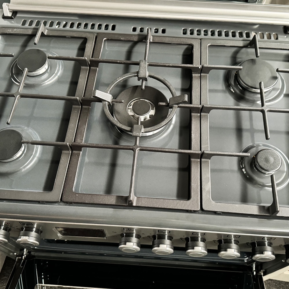 Aragaz 90 cm Nando Graphite Grey Studio Casa, 5 zone de gatit, Gaz, Wok, Rotisor, Timer digital, Termostat cuptor, Grill electric, Gratare fonta, Aprindere electrica, Clasa energetica A, Gri