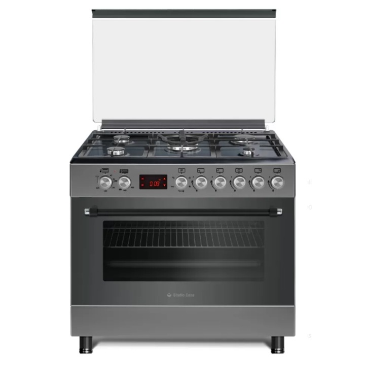 Печка 90 cm Nando Graphite Grey Studio Casa, 5 зони за готвене, Газ, Уок, Грил, Дигитален таймер, Електрическа скара, Чугунен грил, Електрическо запалване, Енергиен клас А, Сив