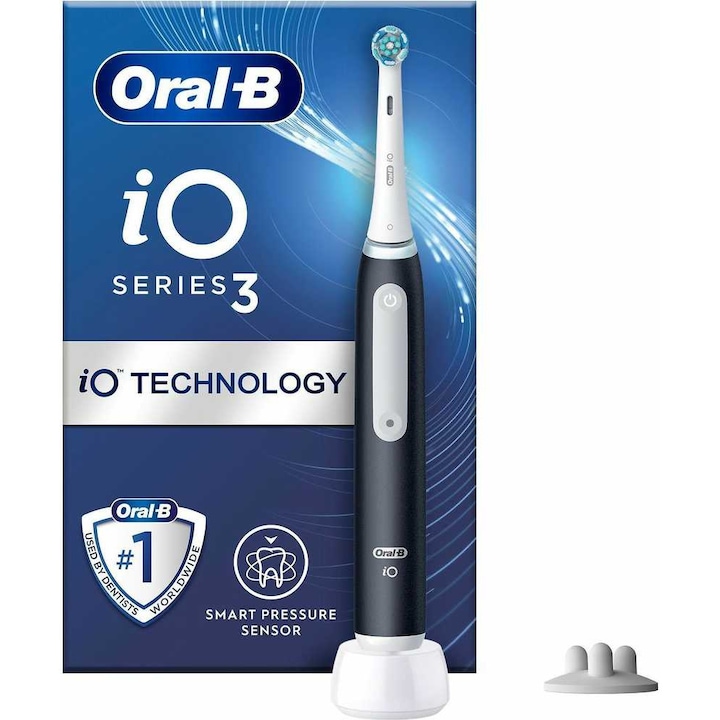 Електрическа четка за зъби Oral-B iO Series 3S с магнитна технология и микровибрации, интелигентен сензор за налягане, 3 режима, 1 край, резервен държач, черен
