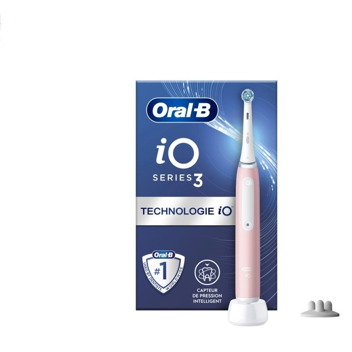 Elektromos fogkefe Oral-B iO Series 3S mágneses technológiával és mikrovibrációkkal, intelligens nyomásérzékelővel, 3 üzemmód, 1 vég, tartalék tartó, rózsaszín