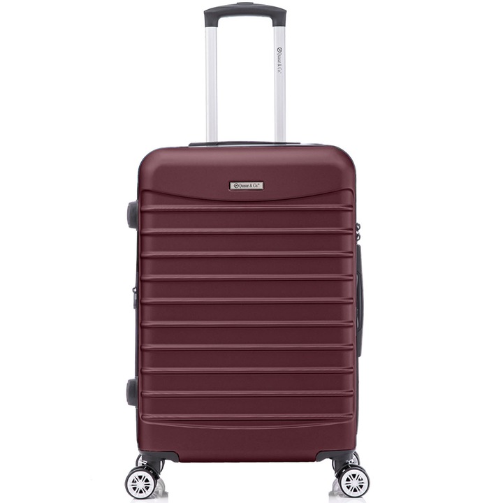 Куфар среден размер Quasar & Co.® модел LINE, 66x41x26-31см, разширяем, багаж за чекиране, ABS 2.8 мм, цип с двойна защита против кражба, кодово заключване, телескопична дръжка, 4 двойни безшумни колела 360°, 2 отделения, Бордо