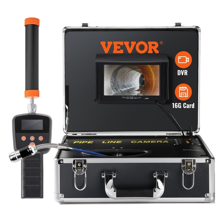 Ендоскопска инспекционна камера с локатор 512 Hz, Vevor Professional, 7" HD цветен монитор, дължина 30 м, IP68, 12xLed, за тръбопроводи