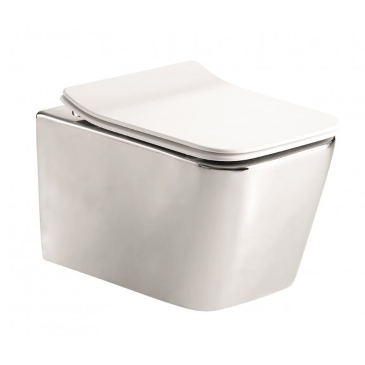 Стенна тоалетна чиния Inter Ceramic ICC 5135 CHROME, Rimless(без ръб), soft close, Хром, 51х35см