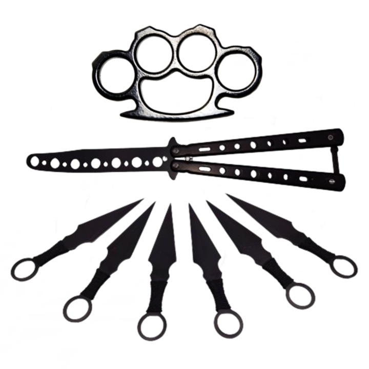 Set briceag fluture, rozeta si 6 cutite de aruncat, Depox, otel inoxidabil, negru