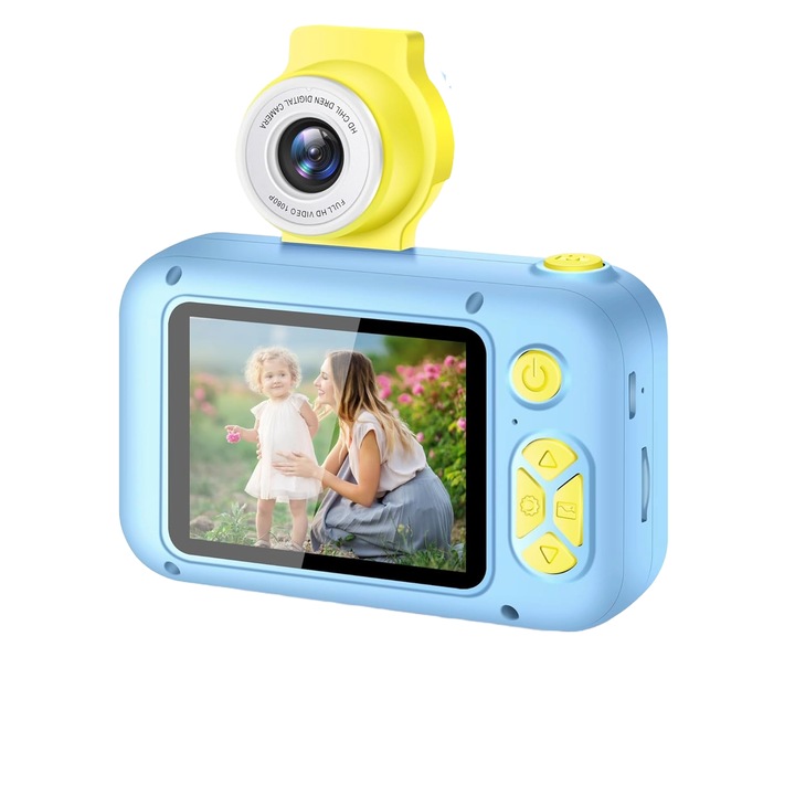 Gyerekkamera, 40 MP, 1080P HD, 2,4 hüvelykes képernyő, 4x zoom, 180°-ban elforgatható szelfikamera, beépített játékok, 32 GB-os kártya